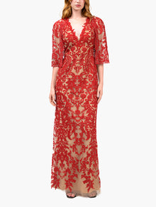 Mirrored Lace Floral Cape Sleeve Gown | Red