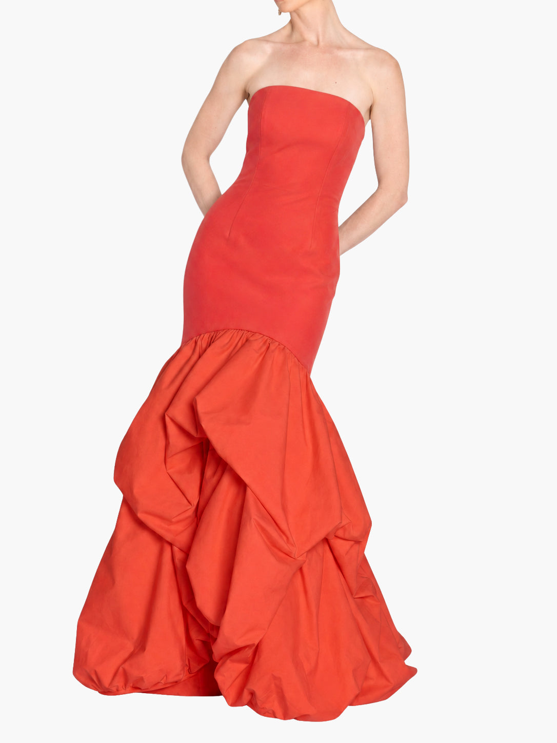Strapless Drop Waist Mermaid Taffeta Pouf Gown | Red