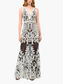 Mirrored Lace Floral Sleeveless Gown | Ivory/Black
