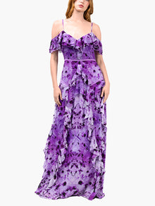 Painterly Print Georgette Off-Shoulder Gown | Purple