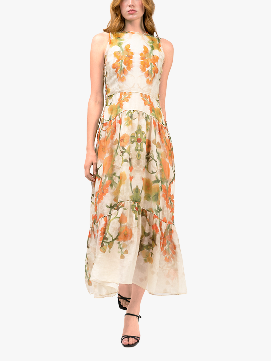 Ramie High Neck Tiered Maxi Dress | Coral Multi
