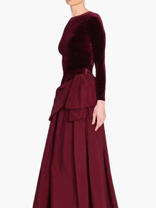 Stretch Velvet Long Sleeve Draped Bow Gown | Burgundy