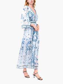 Swan Print Chiffon Gathered Maxi Dress | Blue