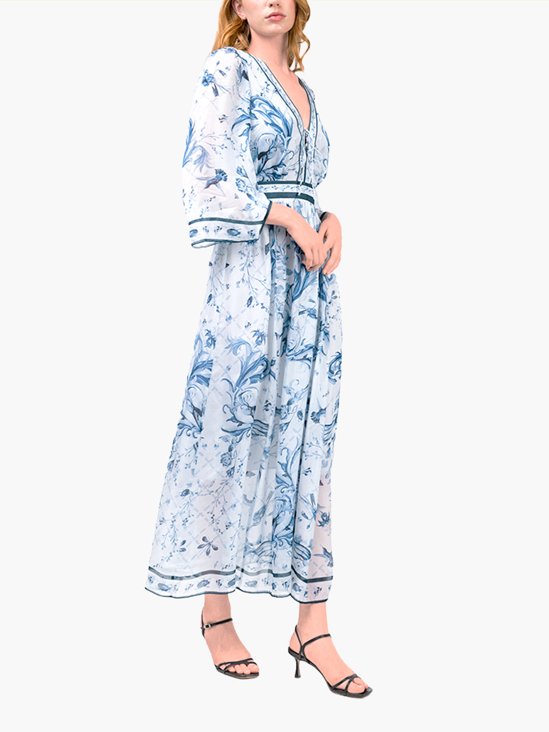 Swan Print Chiffon Gathered Maxi Dress | Blue
