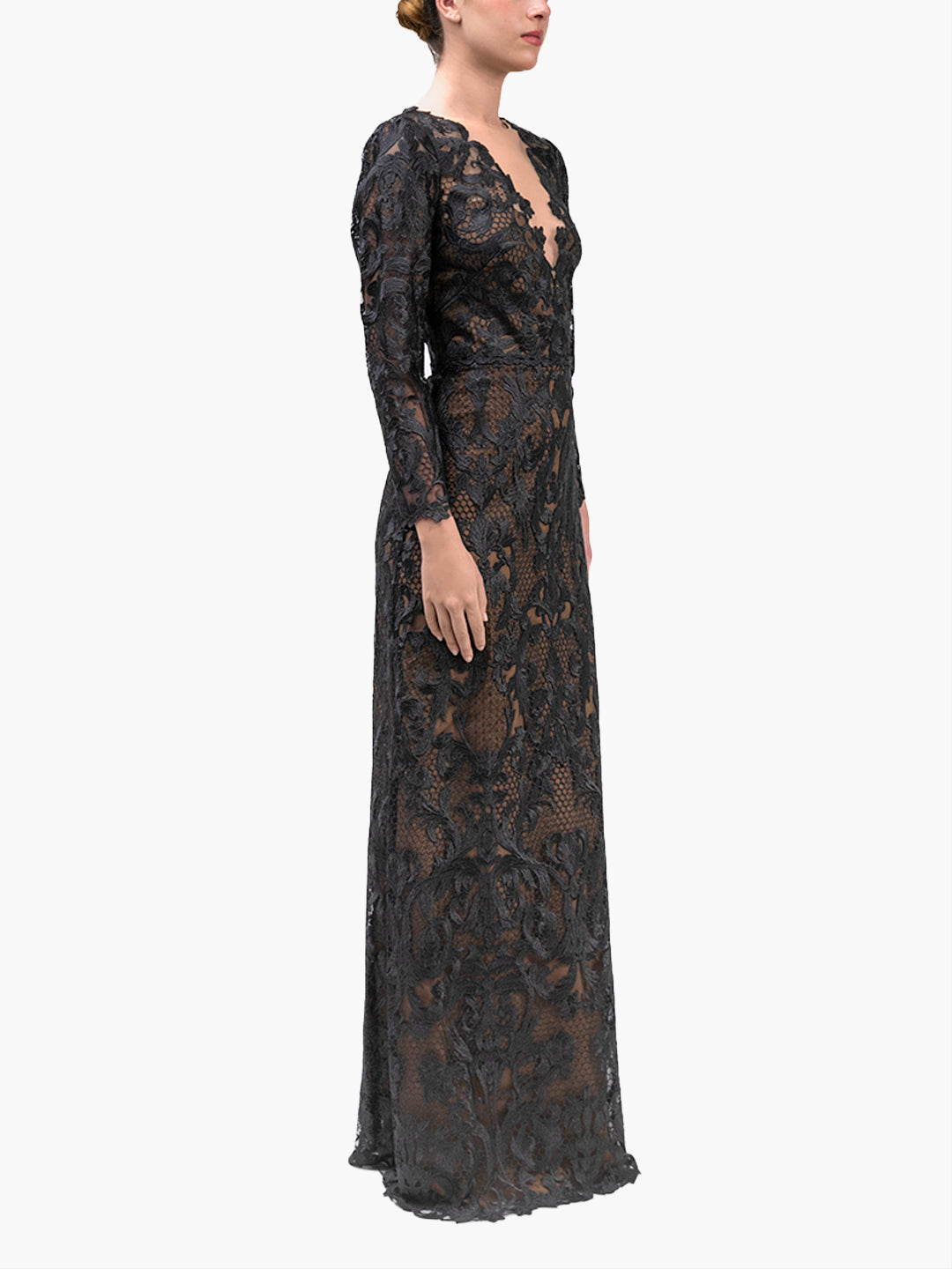 Nocturnes Long Sleeve Lace Gown | Black
