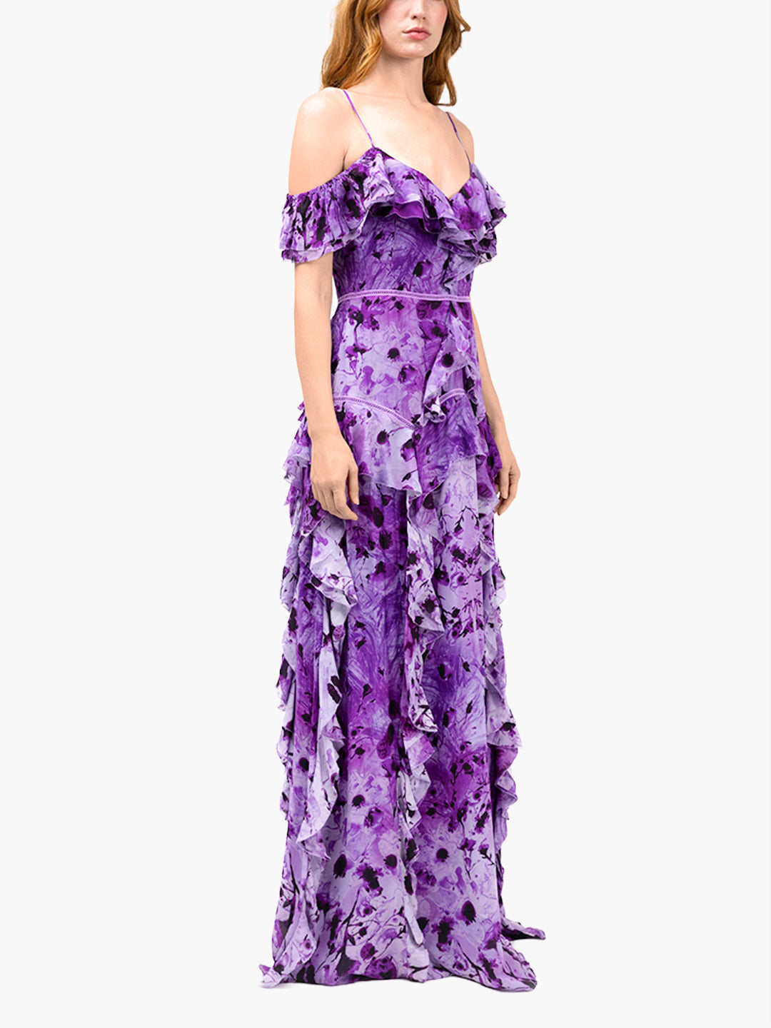 Painterly Print Georgette Off-Shoulder Gown | Purple