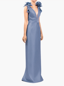 Spring Draped Floral Mikado Gown | Navy
