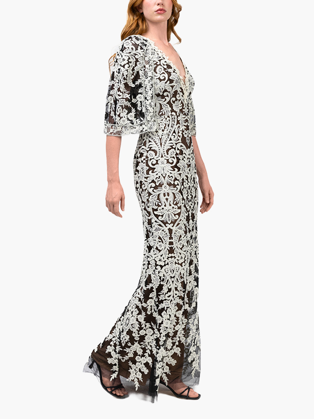 Mirrored Lace Floral Cape Sleeve Gown | Ivory/Black