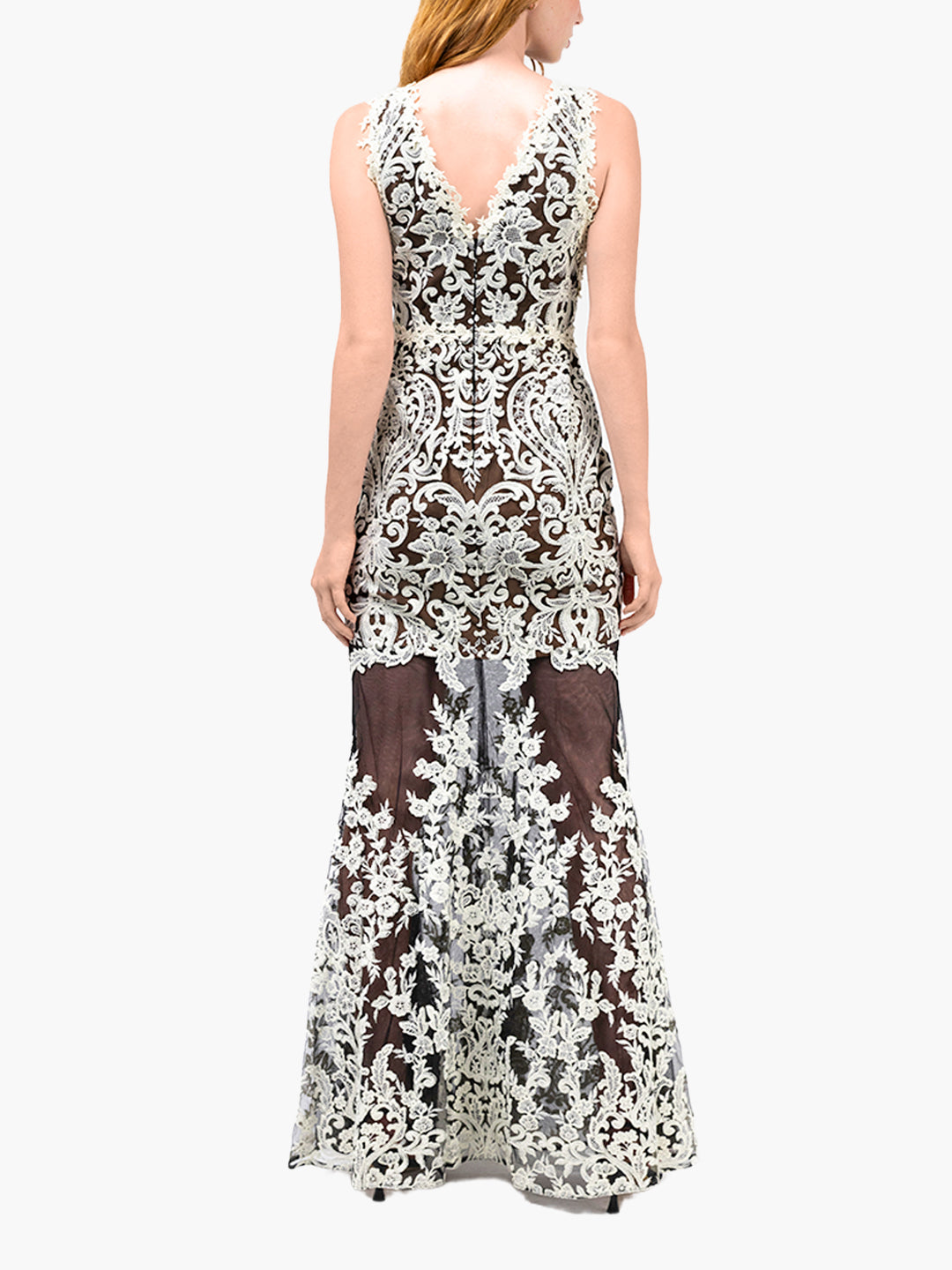 Mirrored Lace Floral Sleeveless Gown | Ivory/Black
