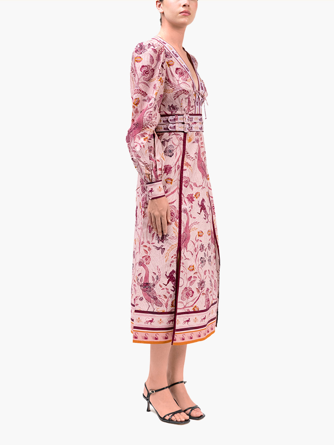 Cotton Poplin Peacock Midi Dress | Pink Multi