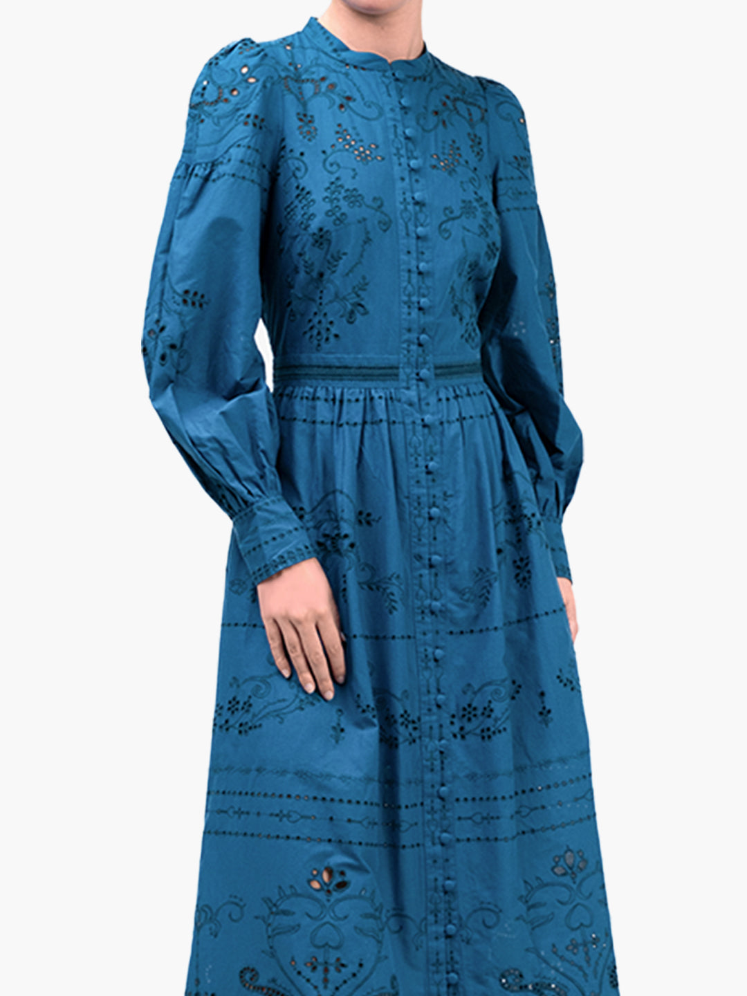 Embroidered Cotton Voile Tiered Maxi Dress | Teal