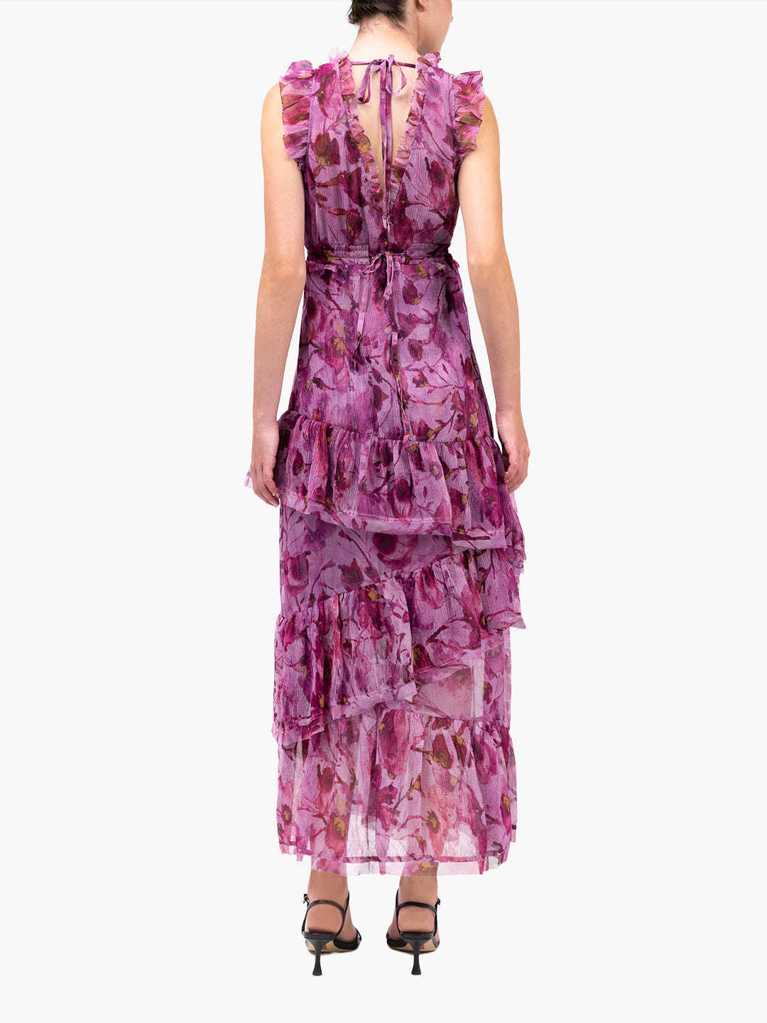 Watercolor Blooms Pleated Chiffon Maxi Dress | Pink