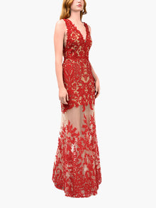 Mirrored Lace Floral Sleeveless Gown | Red