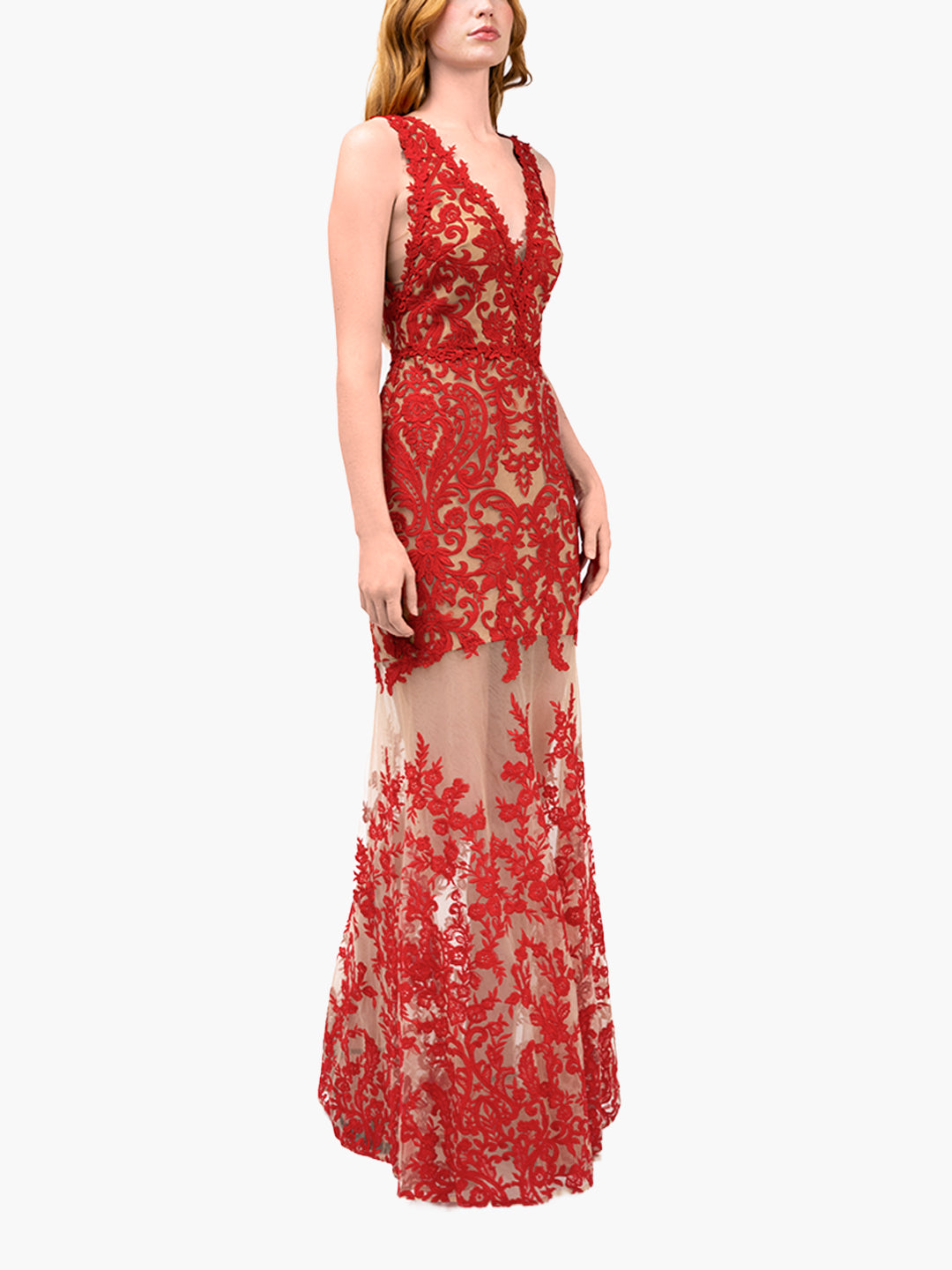 Mirrored Lace Floral Sleeveless Gown | Red
