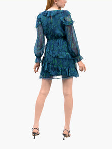 Watercolor Blooms Pleated Long Sleeve Chiffon Mini Dress | Teal