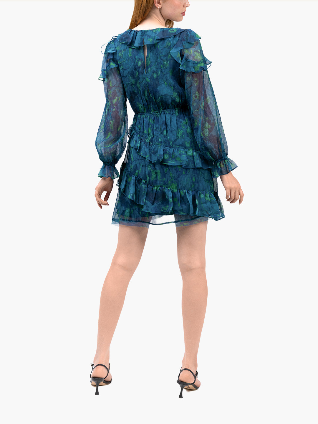 Watercolor Blooms Pleated Long Sleeve Chiffon Mini Dress | Teal