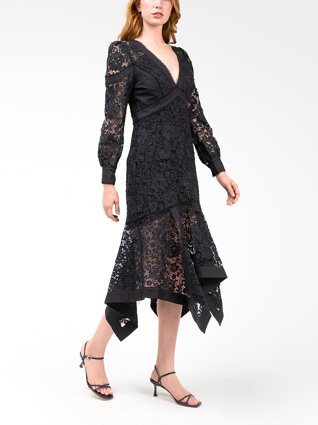 Lace Guipure Handkerchief Midi Dress | Black