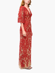 Mirrored Lace Floral Cape Sleeve Gown | Red