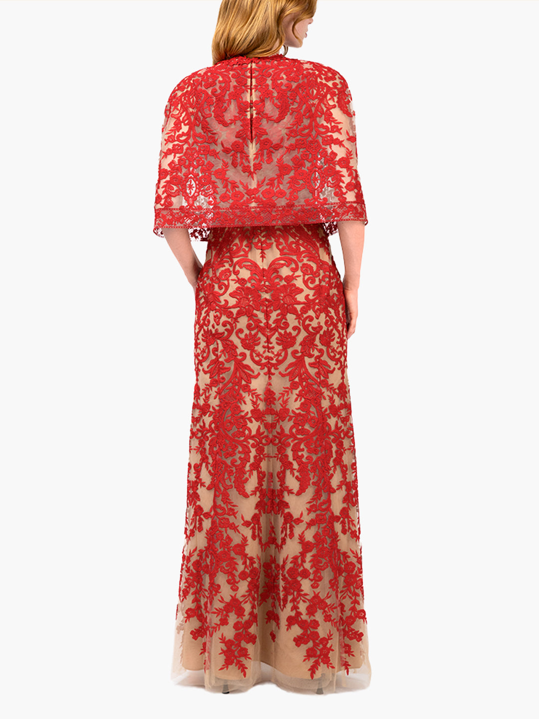 Mirrored Lace Floral Cape Sleeve Gown | Red