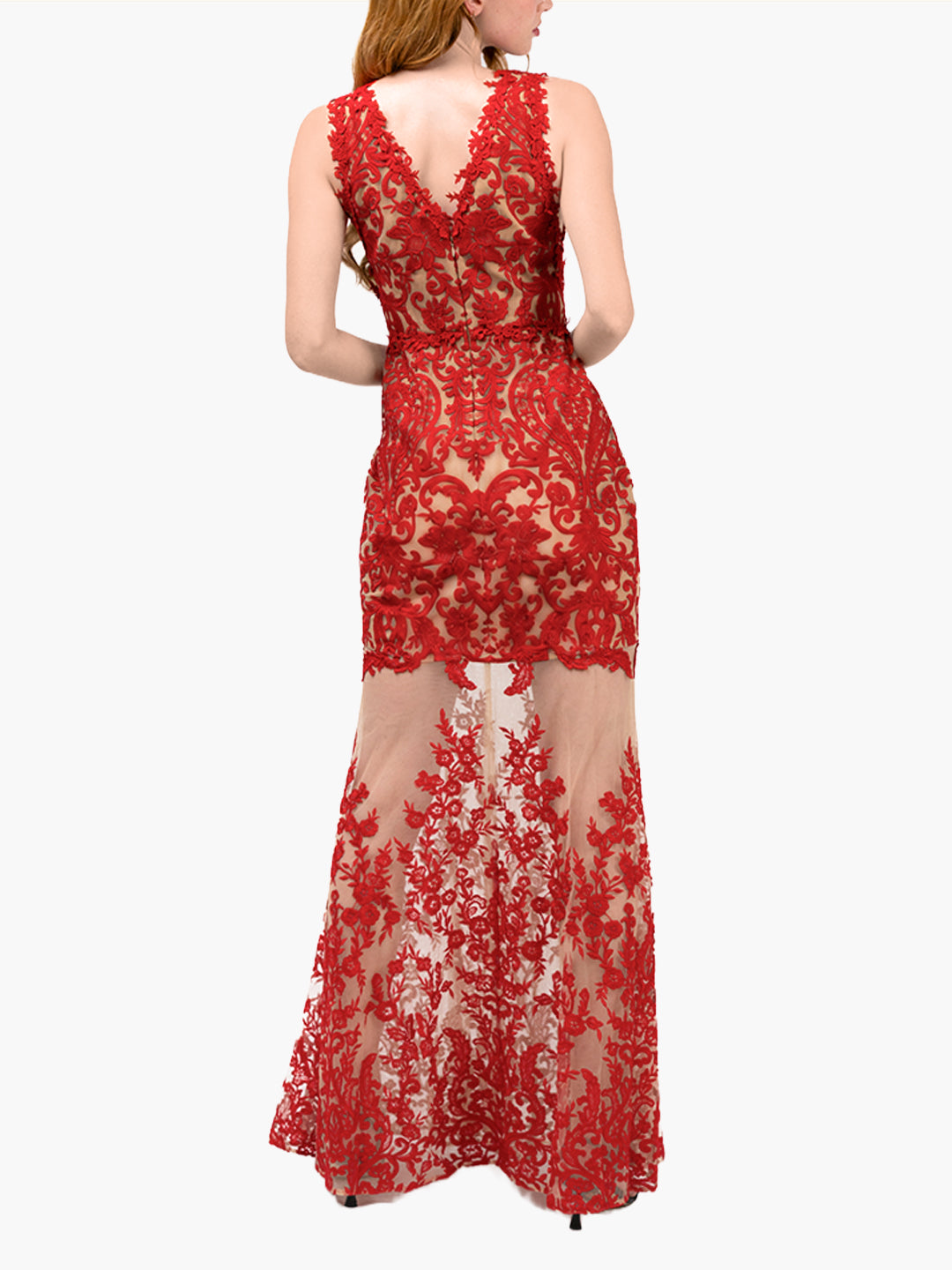 Mirrored Lace Floral Sleeveless Gown | Red