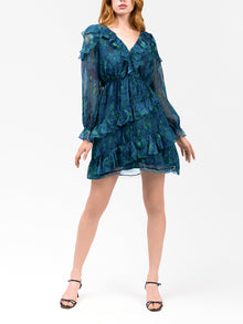 Watercolor Blooms Pleated Long Sleeve Chiffon Mini Dress | Teal