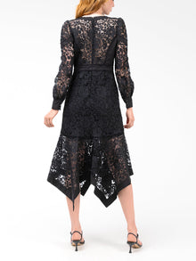 Lace Guipure Handkerchief Midi Dress | Black
