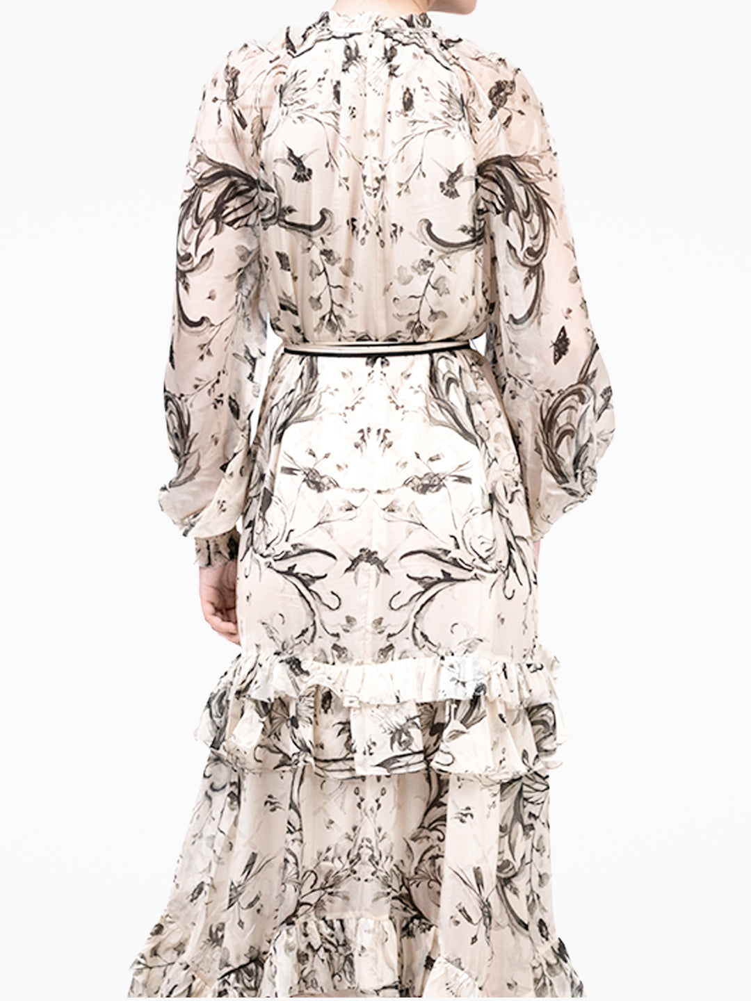 Swan Print Chiffon Belted Maxi Dress | Stone