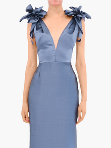 Spring Draped Floral Mikado Gown | Navy