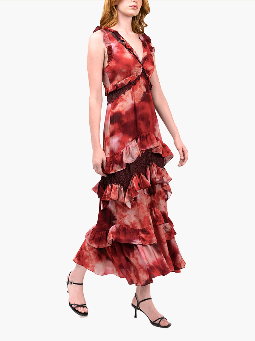 Watercolor Blooms Lace Viscose Maxi Dress | Red