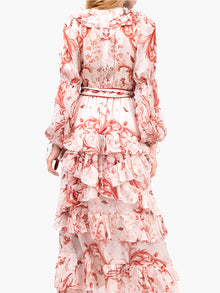 Swan Print Chiffon Ruffle Maxi Dress | Red