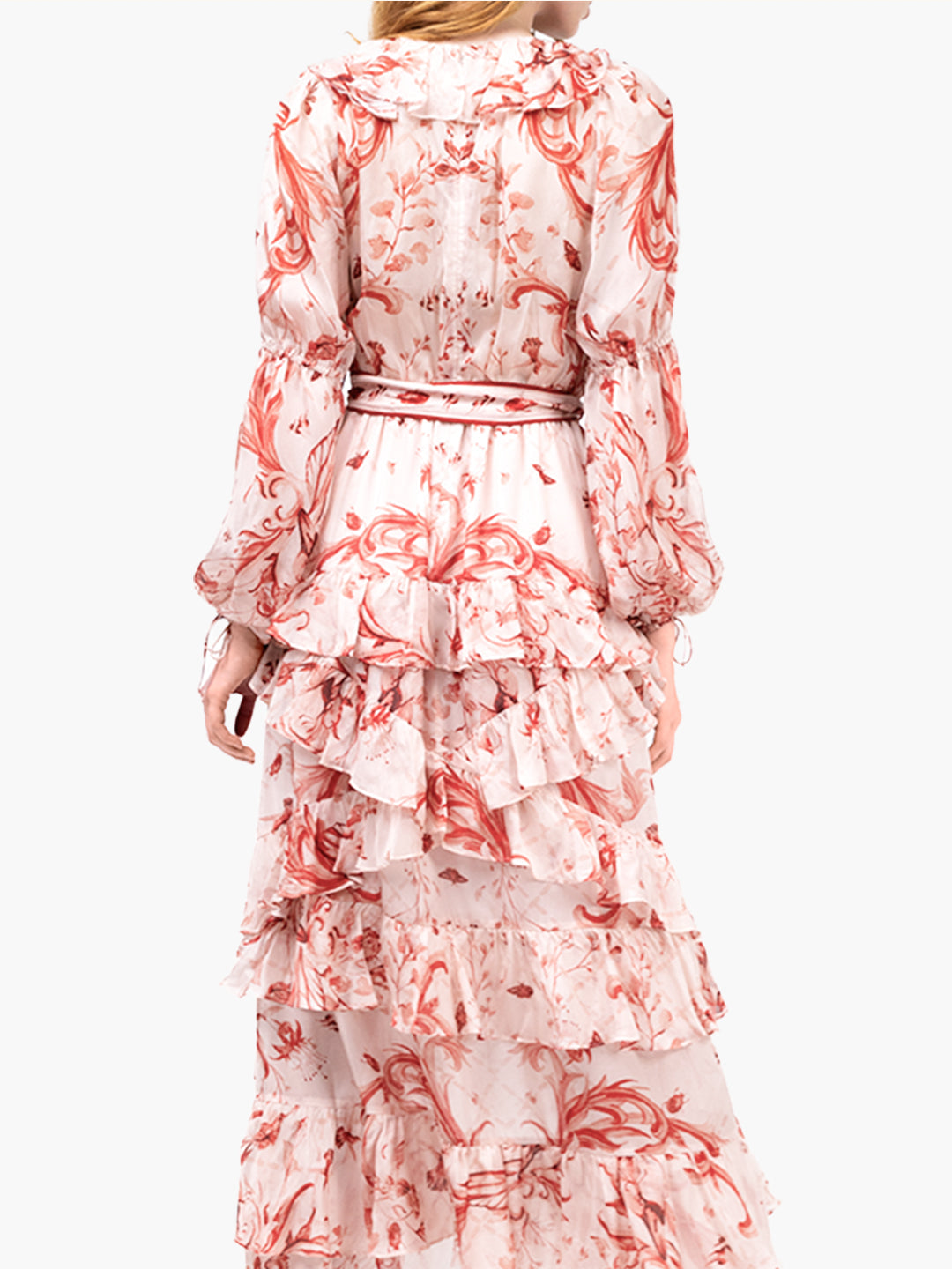 Swan Print Chiffon Ruffle Maxi Dress | Red