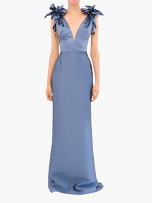 Spring Draped Floral Mikado Gown | Navy