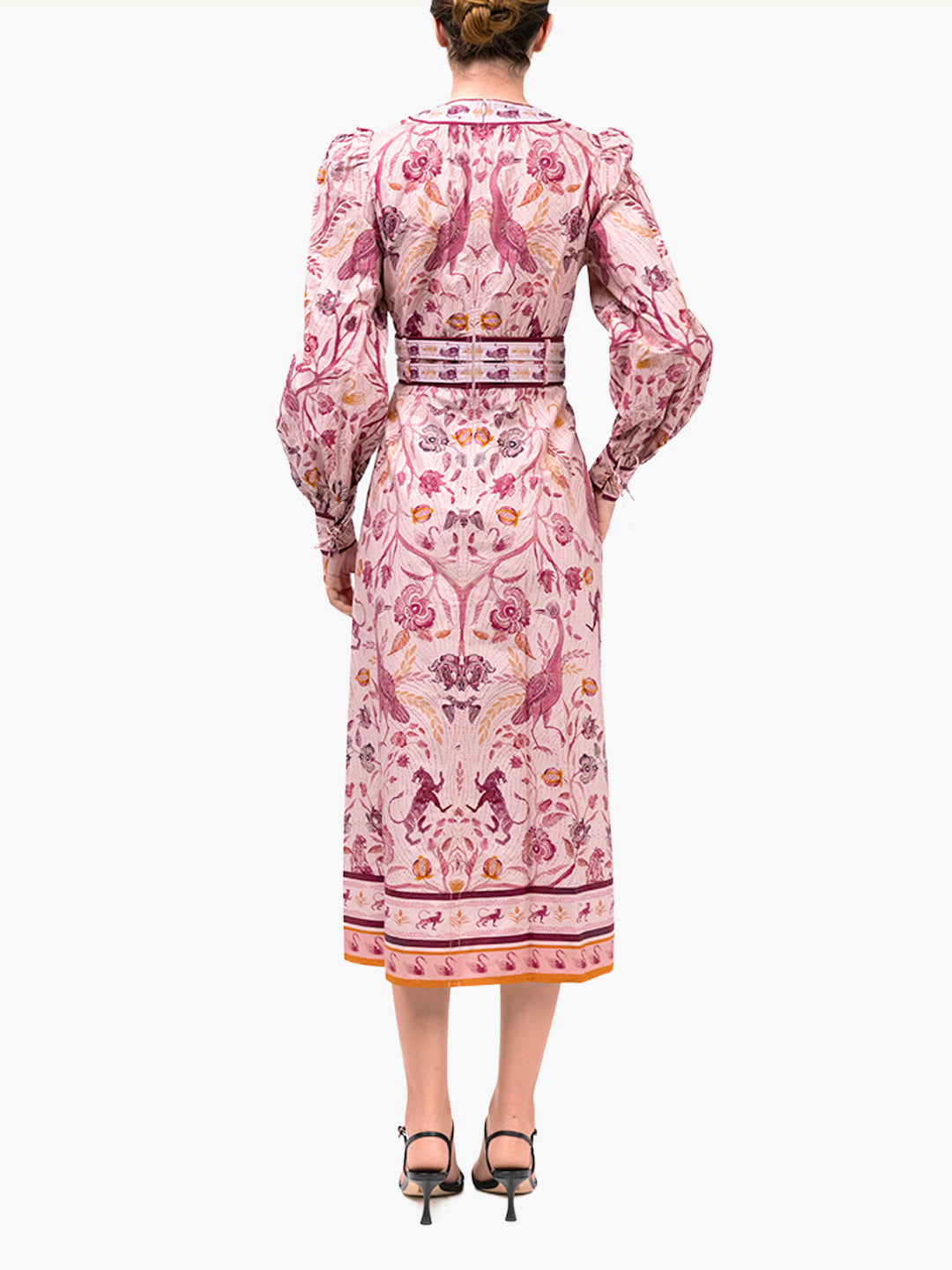 Cotton Poplin Peacock Midi Dress | Pink Multi