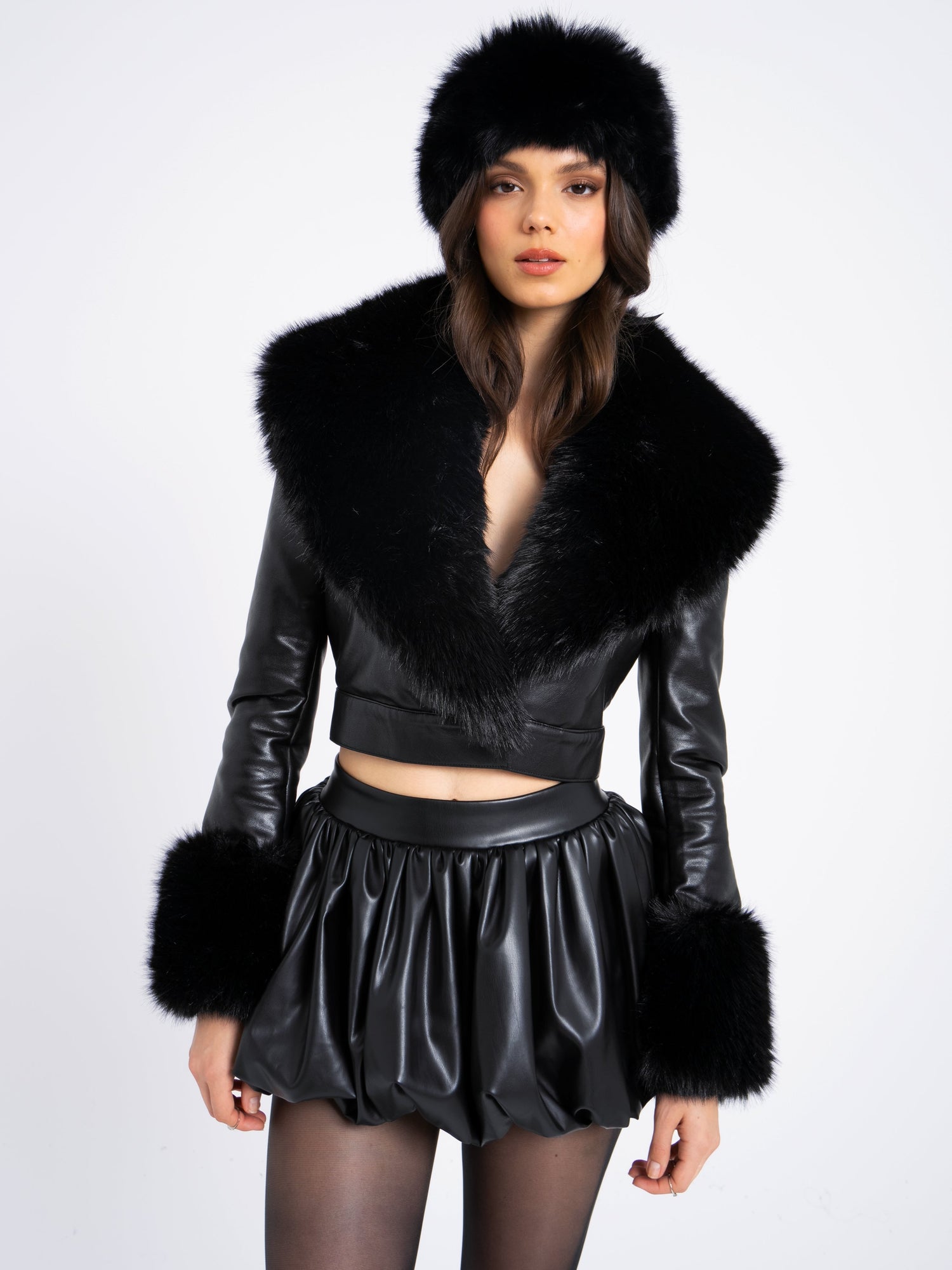 Ziah Cropped Leather Jacket with Fur Collar | Black