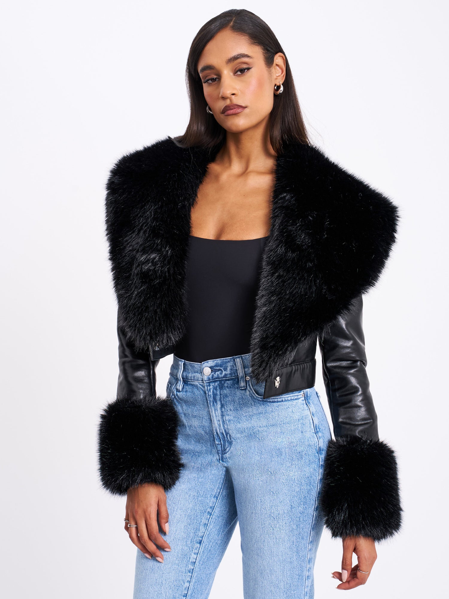 Ziah Cropped Leather Jacket with Fur Collar | Black