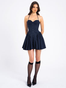 Melody Pinstripe Halter Drop Waist Mini Dress | Navy Blue