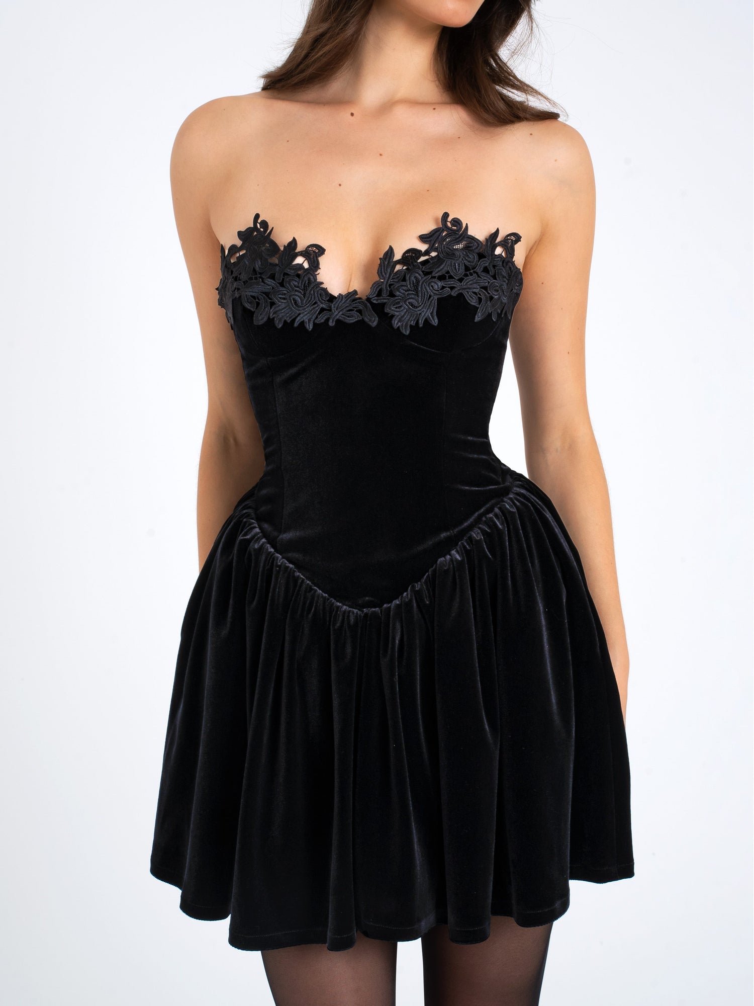 Nora Velvet Drop Waist Corset Puffy Mini Dress with Lace Trim | Black