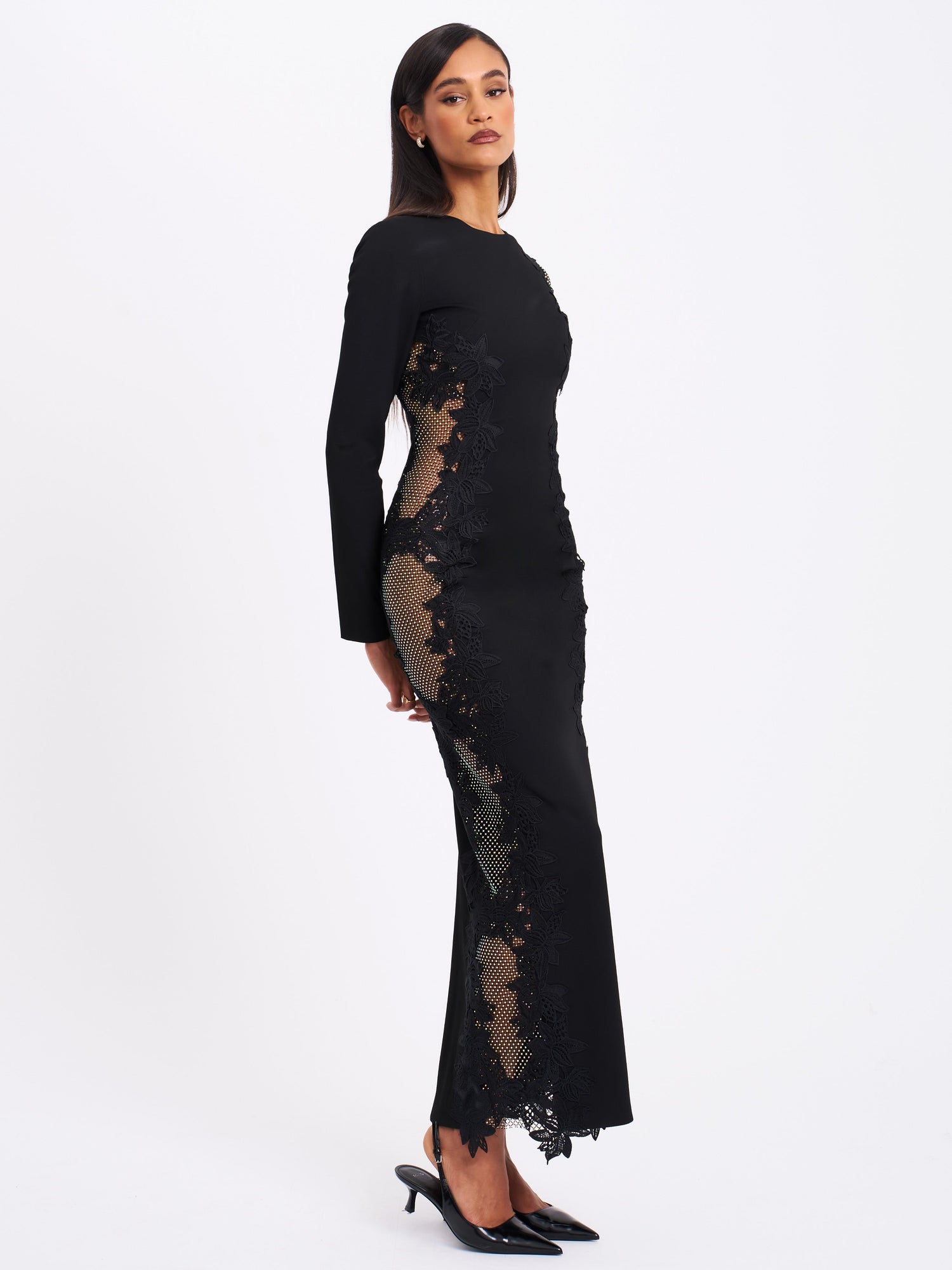 Bailey Lace Trim Crystal Net Cutout Long Sleeve Gown | Black