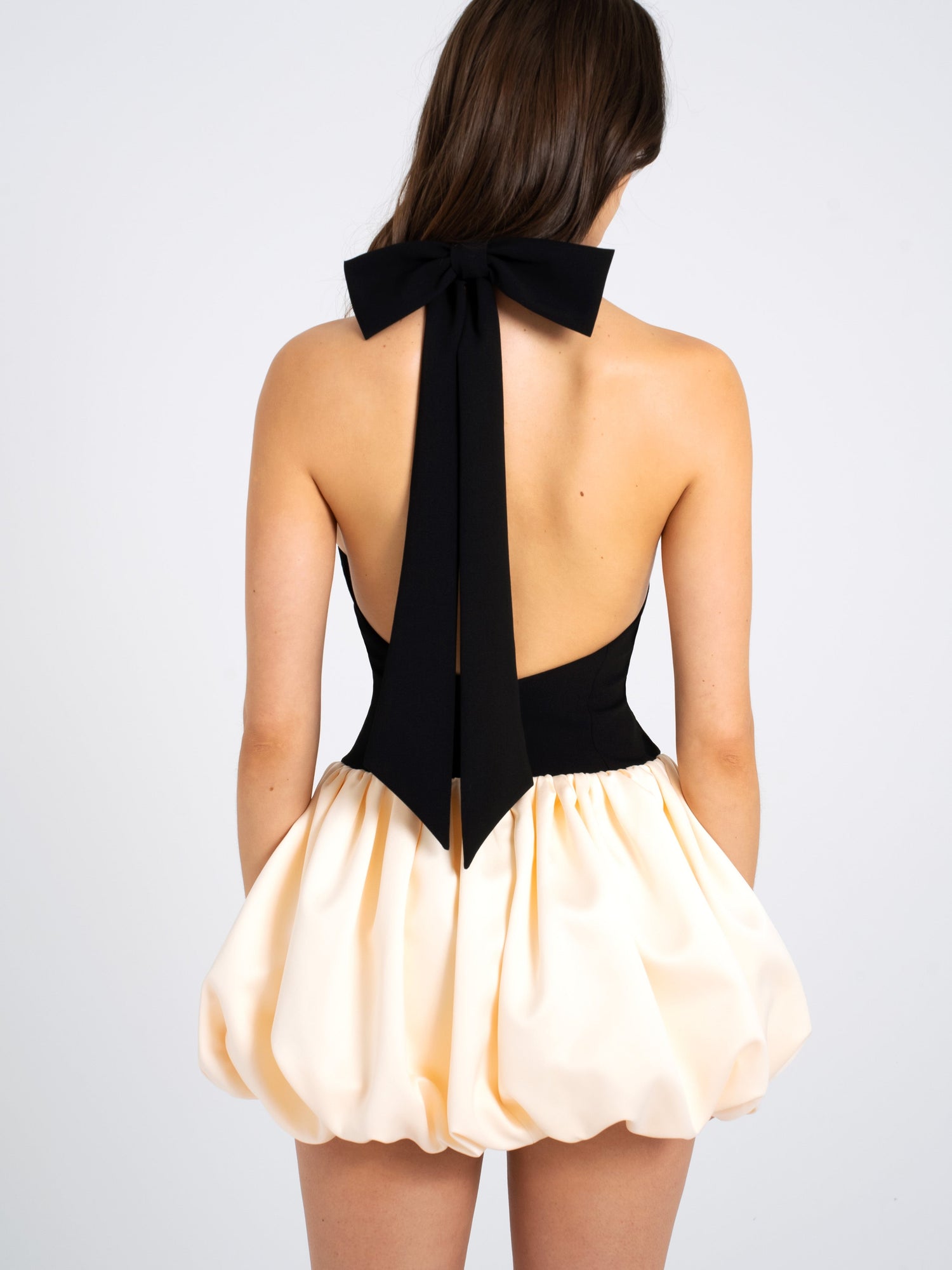 Yaira Backless Drop Waist Mini Bubble Dress | Black/Beige