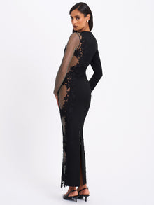 Bailey Lace Trim Crystal Net Cutout Long Sleeve Gown | Black