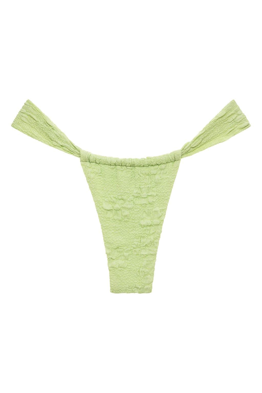 Green floral textured bikini bottom with tie side straps and wide waistband.