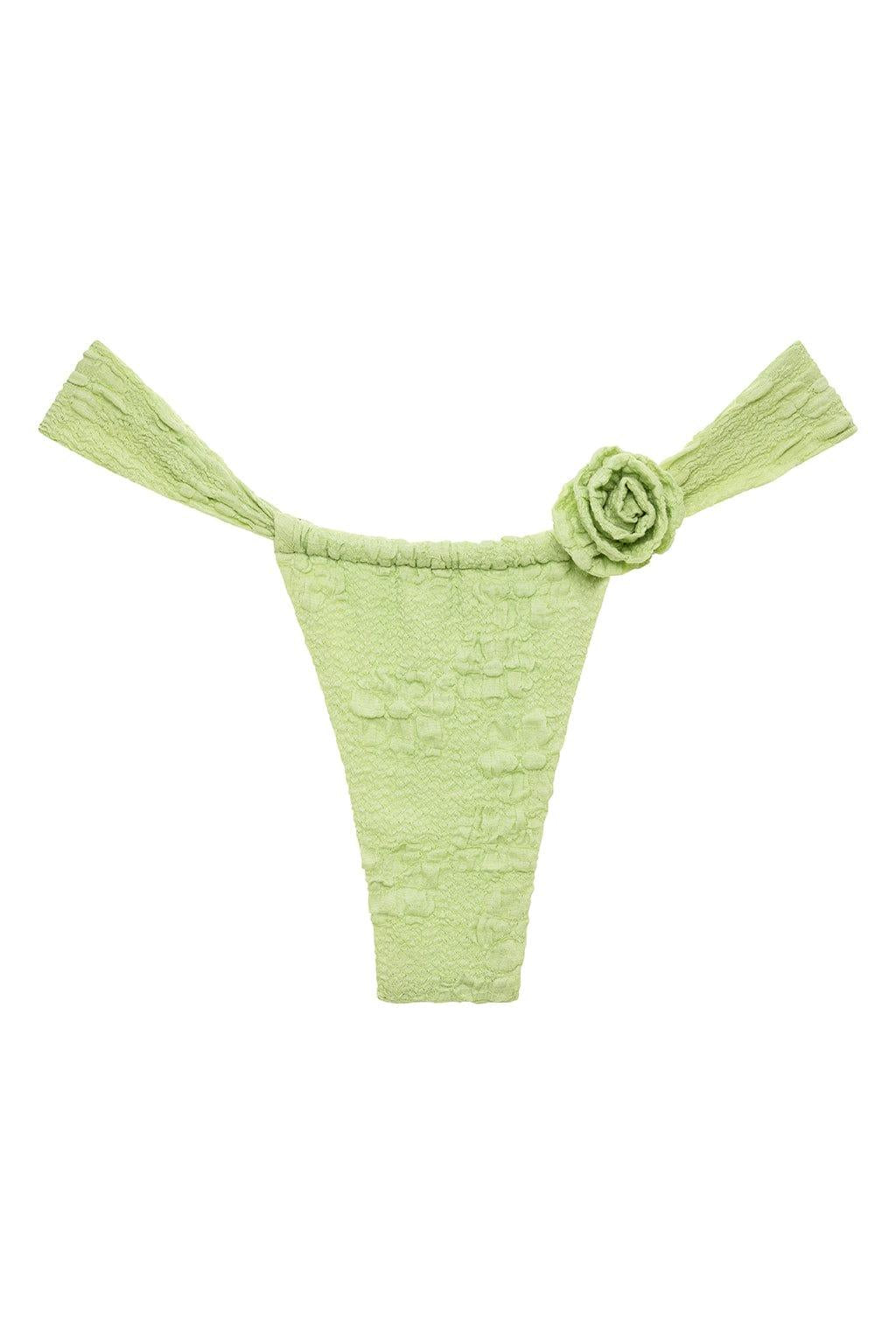 Green floral lace bikini bottom with tie sides and decorative fabric rose detail at center front.