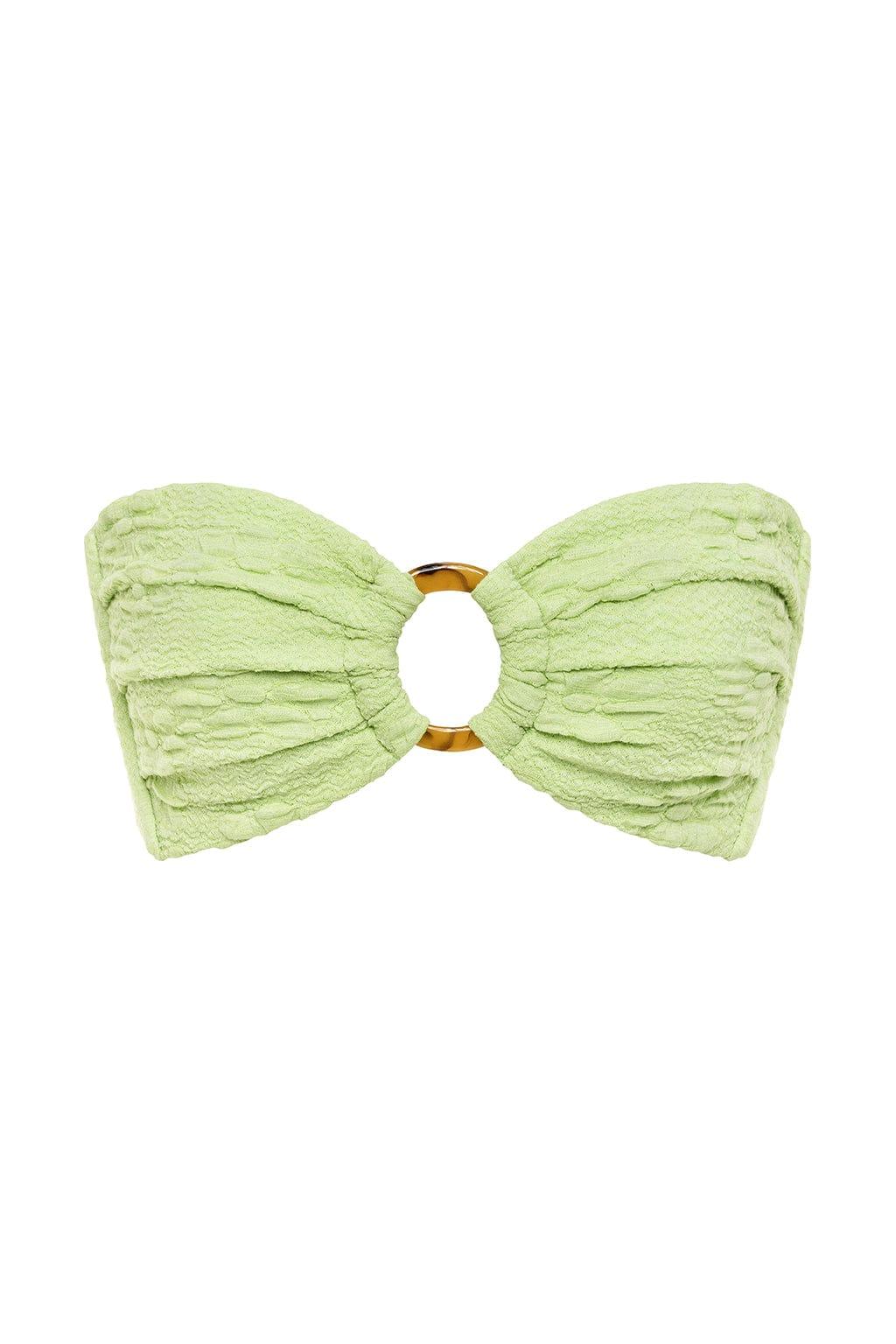 Lime green textured bandeau bikini top with center cutout and tortoiseshell ring hardware.