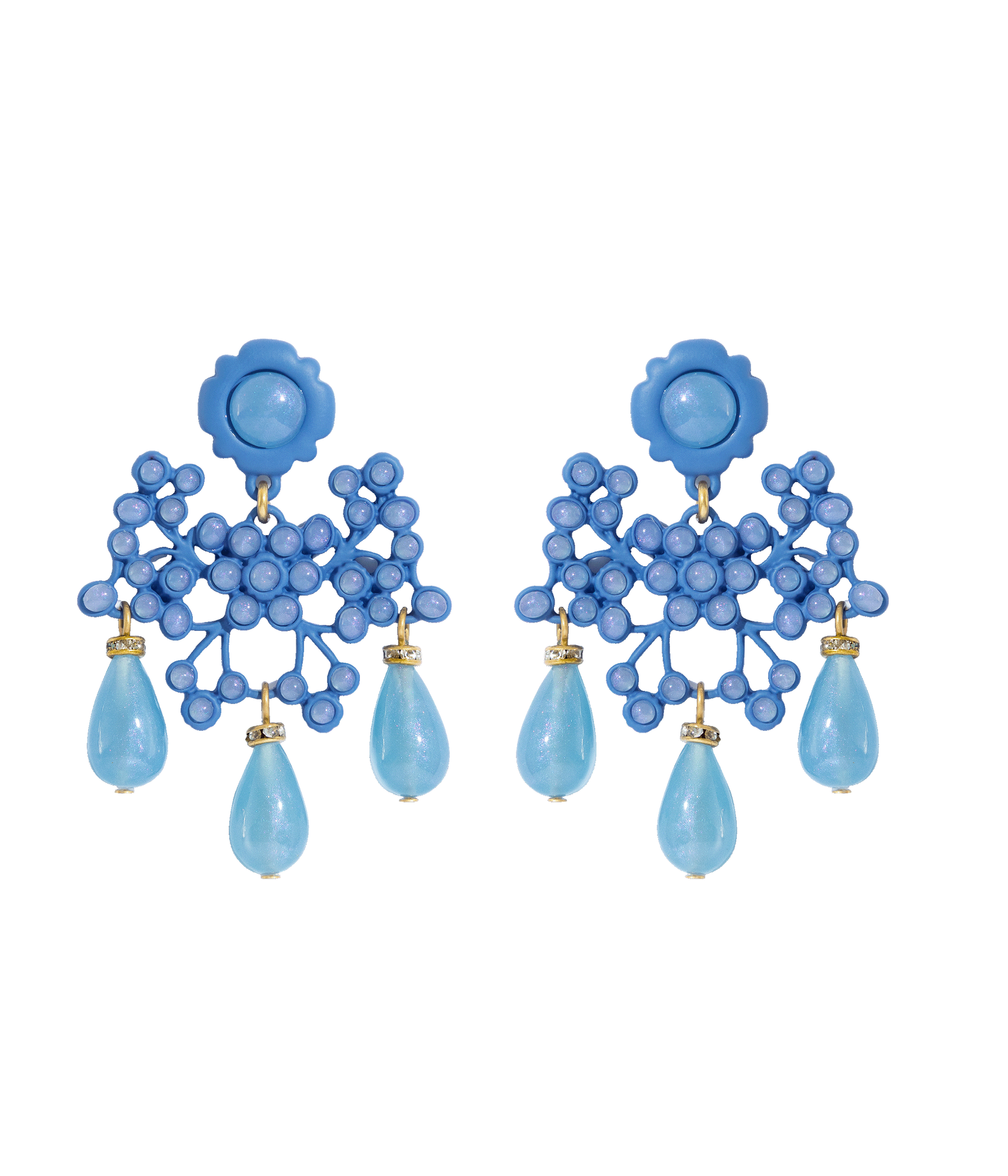 Blue floral earrings with teardrop-shaped beads on a white background