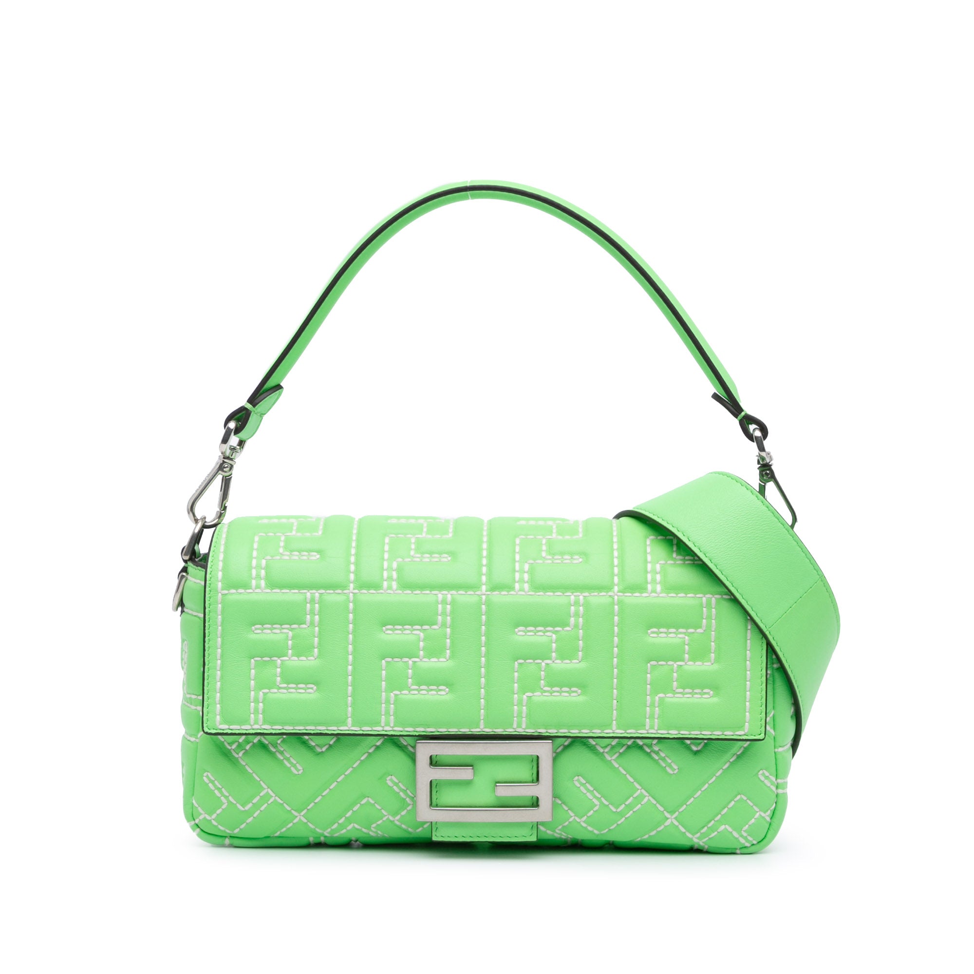 Fendi | Pre-Owned Zucca Embossed Stitched Leather Baguette Satchel - I | Green/Light Green