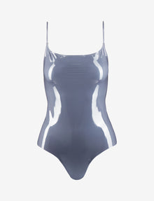 Sale: Faux Patent Leather Cami Bodysuit::Slate::Main