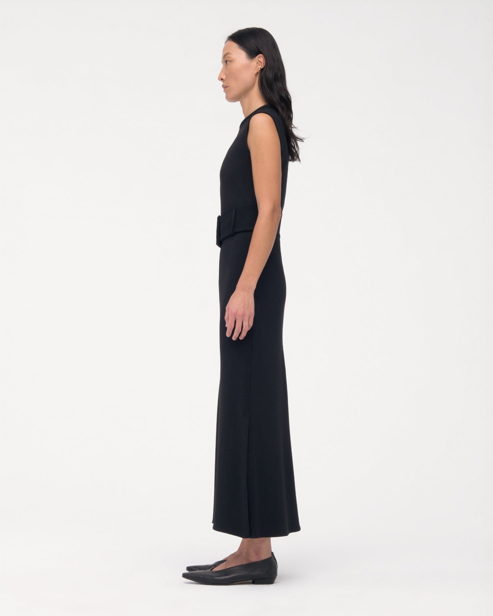 Another Tomorrow Bias Belted Dress in Black – Crêpe Women's Dress
