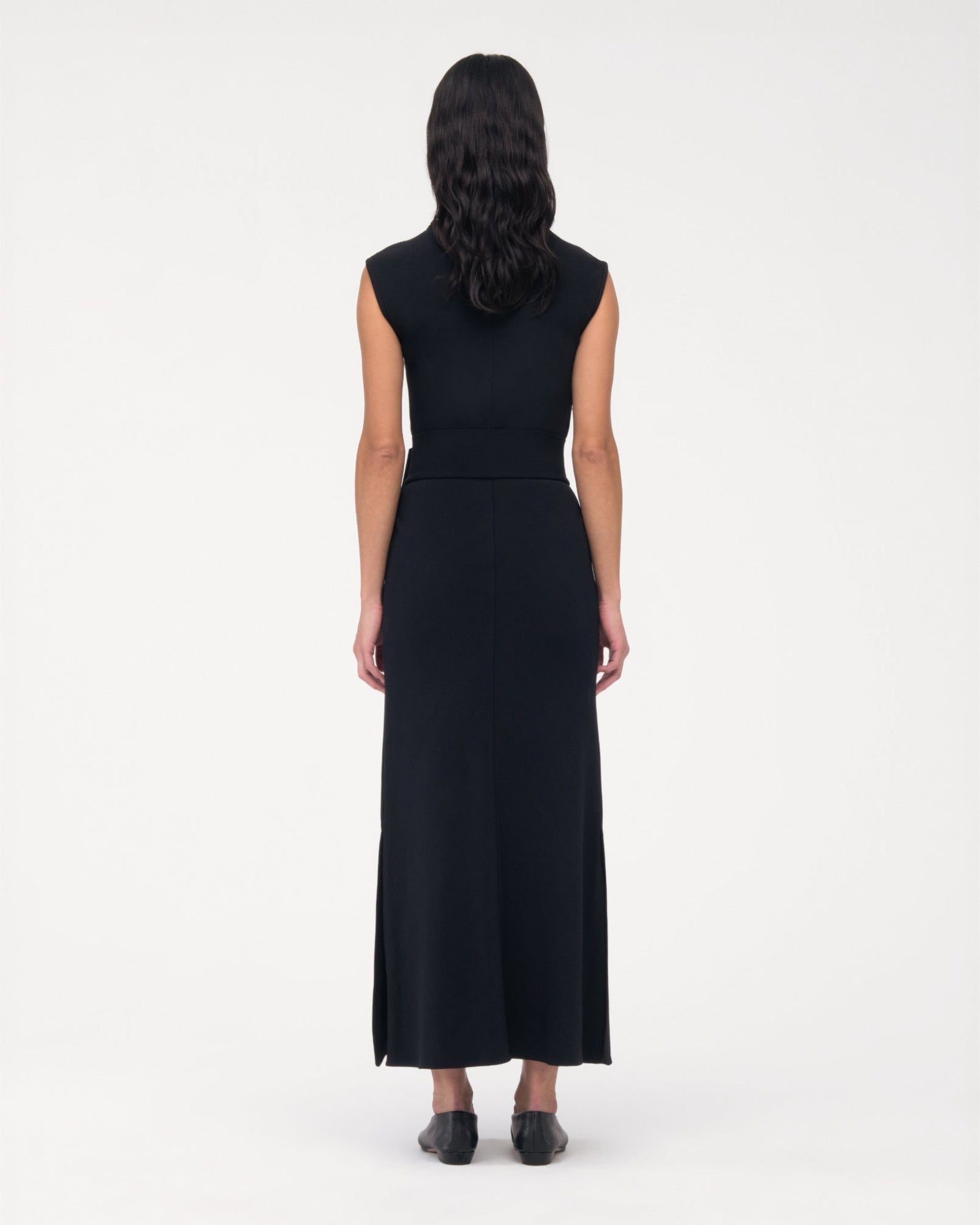 Another Tomorrow Bias Belted Dress in Black – Crêpe Women's Dress