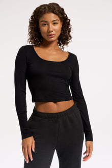 Wesley | Rivington Ribbed Long Sleeve Scoop Neck Crop Top | Black