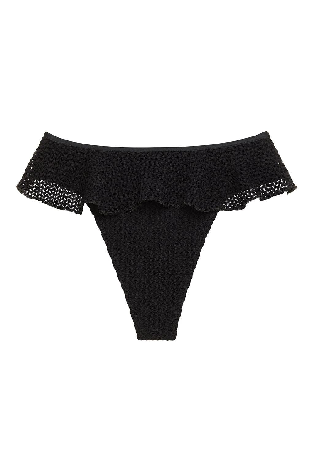 Black crochet bikini bottom with ruffled off-shoulder neckline and open-knit side panels.